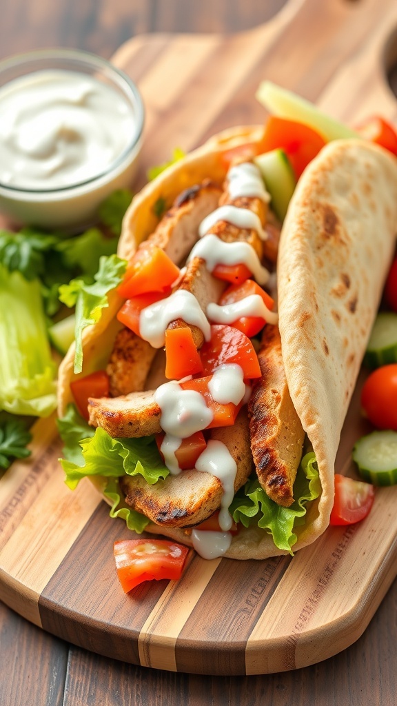 Grilled Chicken Pita Wrap Recipe Grilled chicken pita wrap with lettuce, tomatoes, cucumbers, and yogurt sauce on a wooden board.